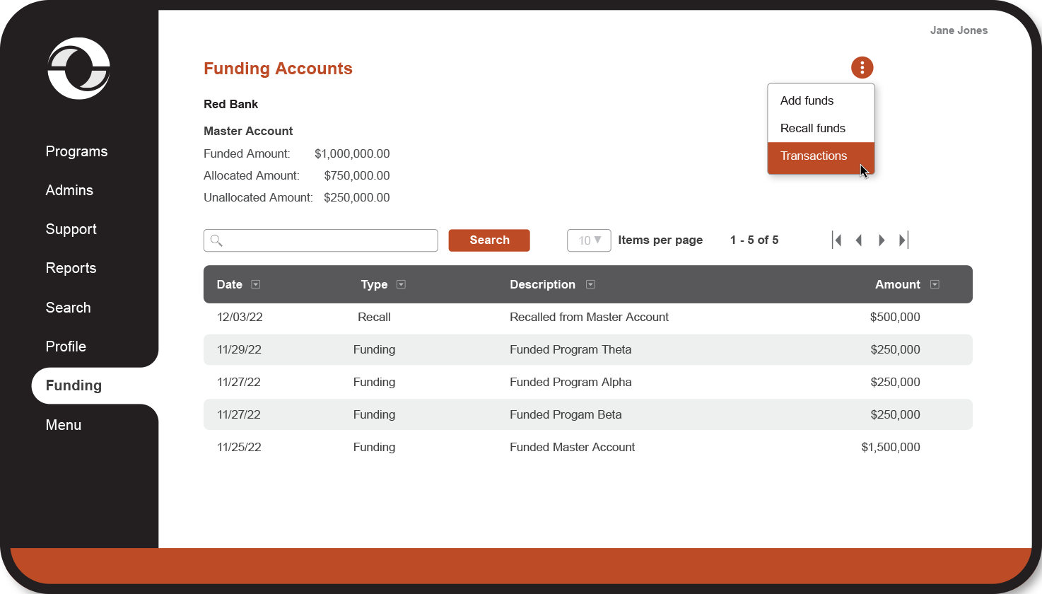 Funding Accounts Screen